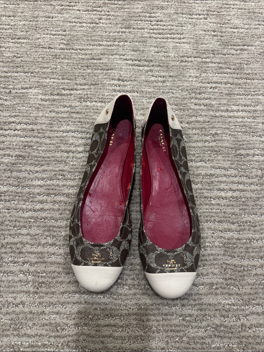 Coach Brown Signature Canvas Ballet Flats with White Toe Caps and Pink Insoles